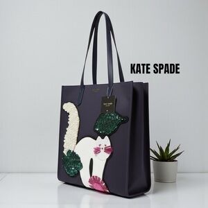 KATE SPADE NWT KITT LARGE NORTH SOUTH TOTE HANDBAG BLAZER BLUE CAT EMBELLISHED
